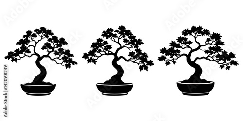 A monochromatic digital illustration of a stylized bonsai tree in silhouette, with a twisted trunk, spreading branches, and a pot-like base. The black-and-white contrast highlights its intricate form.