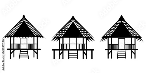 bamboo hut ,stilts, thatched A-frame roof, woven open walls, ladder
