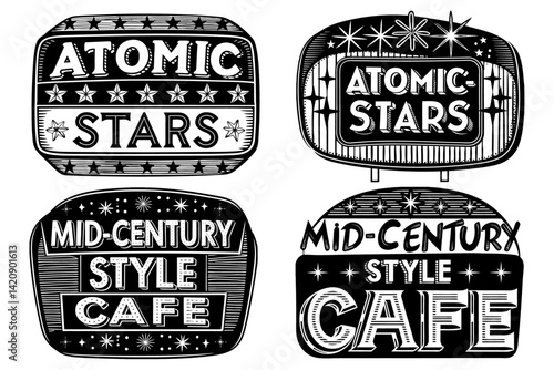 Mid-century style café sign with atomic stars and fun retro fonts
