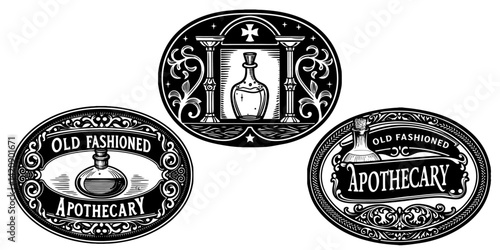 Old-fashioned apothecary sign with a potion bottle and intricate border