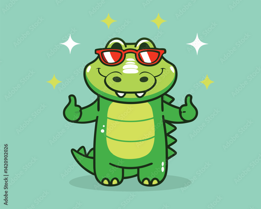 Obraz premium Cute Crocodile Wearing Sunglasses Illustration - Cartoon Reptile Cool Vector.