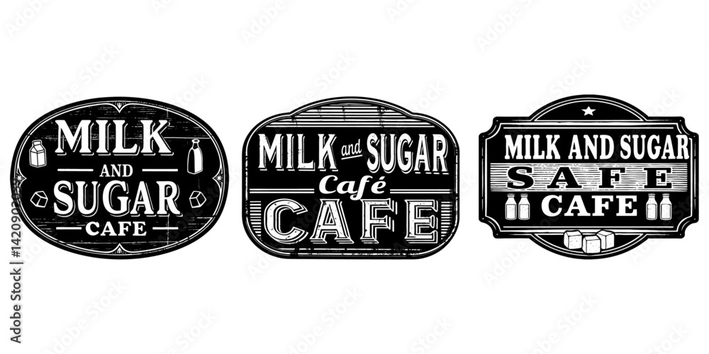 Obraz premium Vintage milk and sugar café sign with distressed enamel style