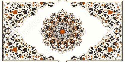 Decorative mandala art with geometric border and brown accents
