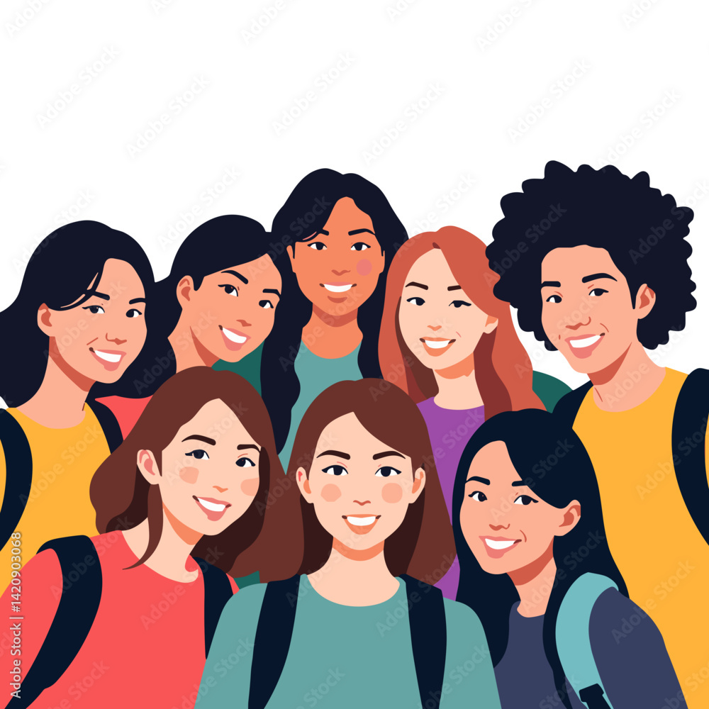 Excited group of friends taking selfie on first day of school, new beginnings Excited group of friends taking selfie on first day of school, new beginnings