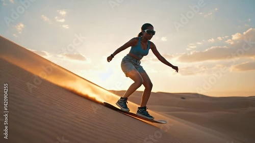 Woman sandboarding in desert at sunset. Action shot.  Possible use Travel stock photo