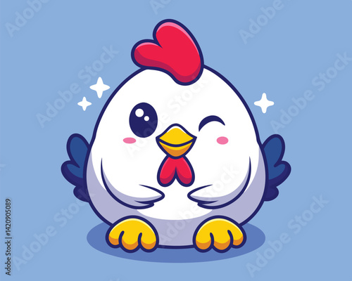 Cute Winking Cartoon Chicken – Kawaii Farm Animal Vector on Blue Background.