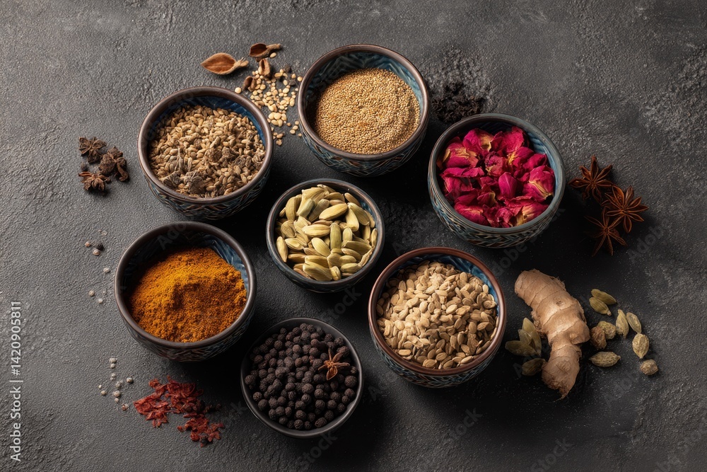 Assorted spices in small bowls Assorted spices in small bowls