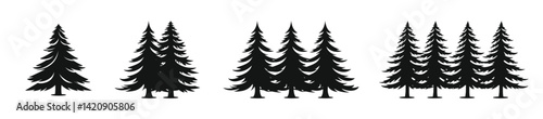 Pine tree silhouette set. Spruce trees black silhouettes.