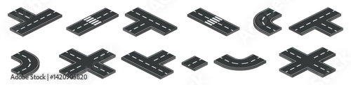 Road isometric intersection element set. Roadway elements isometry vector style.