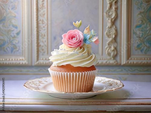 ピンクのばらのお花のカップケーキ