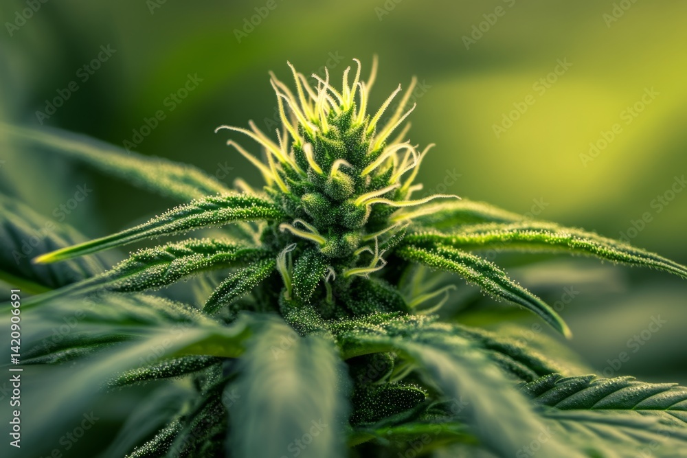 Close-up of a cannabis plant's flowering bud. Healthy, vibrant green foliage and developing flower cluster Close-up of a cannabis plant's flowering bud. Healthy, vibrant green foliage and developing flower cluster