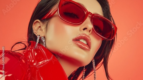 Woman in red sunglasses and jacket posing for a portrait