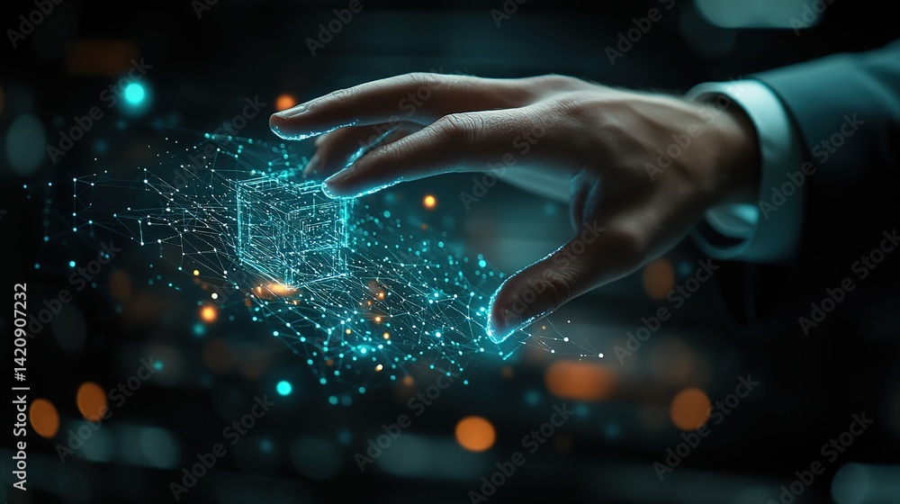 Hand reaches for glowing digital network against a blurred background. Hand reaches for glowing digital network against a blurred background.