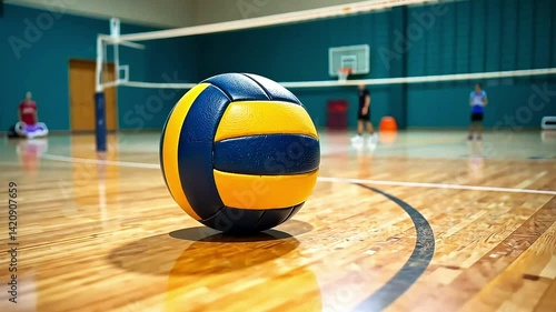 Volleyball ball on floor, close-up, indoor volleyball stadium. Sports games and competitions concept