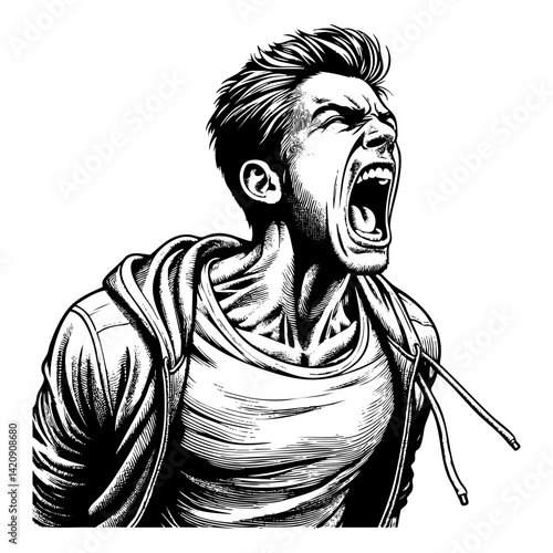 Man scream sketch engraving black and white outline. Scratch board imitation.