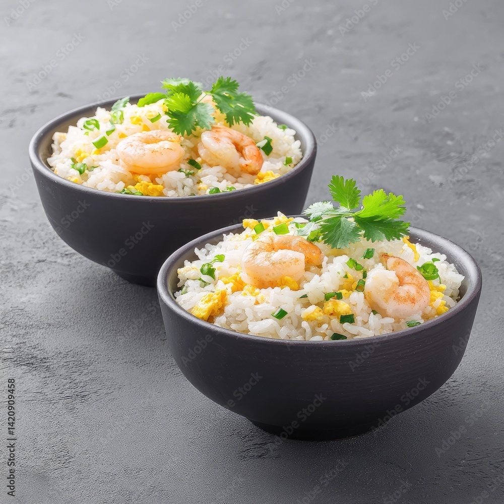 Two bowls of delicious shrimp fried rice, a delectable Asian cuisine Two bowls of delicious shrimp fried rice, a delectable Asian cuisine