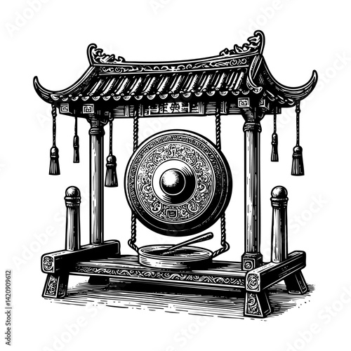Chinese gong sketch engraving black and white outline. Scratch board imitation.  illustrated in vintage line art style on a white background.