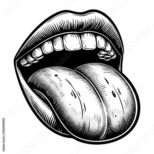 Mouth tongue stick out sketch engraving black and white outline. Scratch board imitation.  illustrated in vintage line art style on a white background.