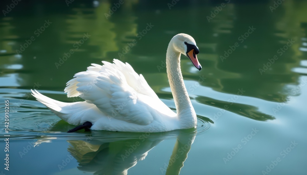 Fototapeta premium Graceful white swan glides on calm lake water, summer, nature photography, bird