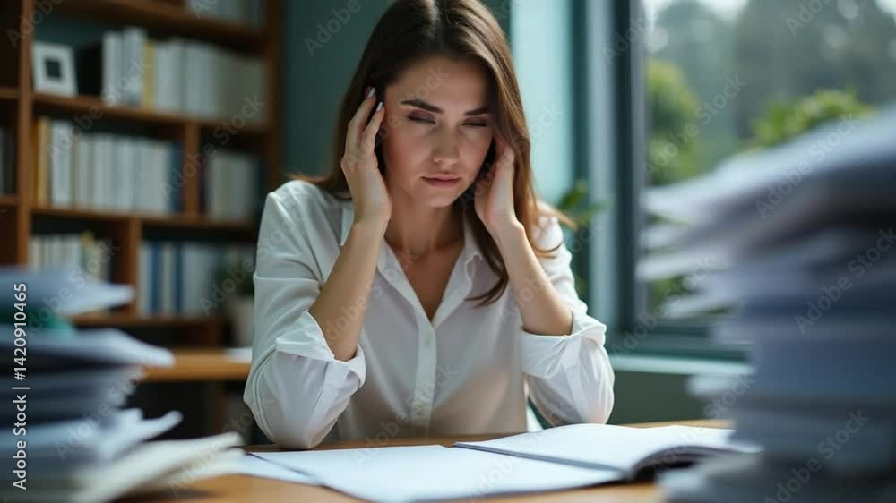 Stressed Young Professional Overwhelmed by Paperwork in Home Office Stressed Young Professional Overwhelmed by Paperwork in Home Office