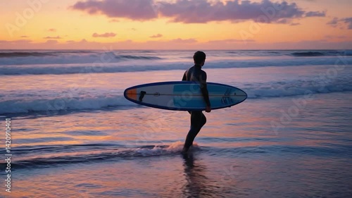 Surfer walking with surfboard at sunset beach