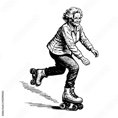 Grandmother palying roller skate sketch engraving black and white outline. Scratch board imitation.