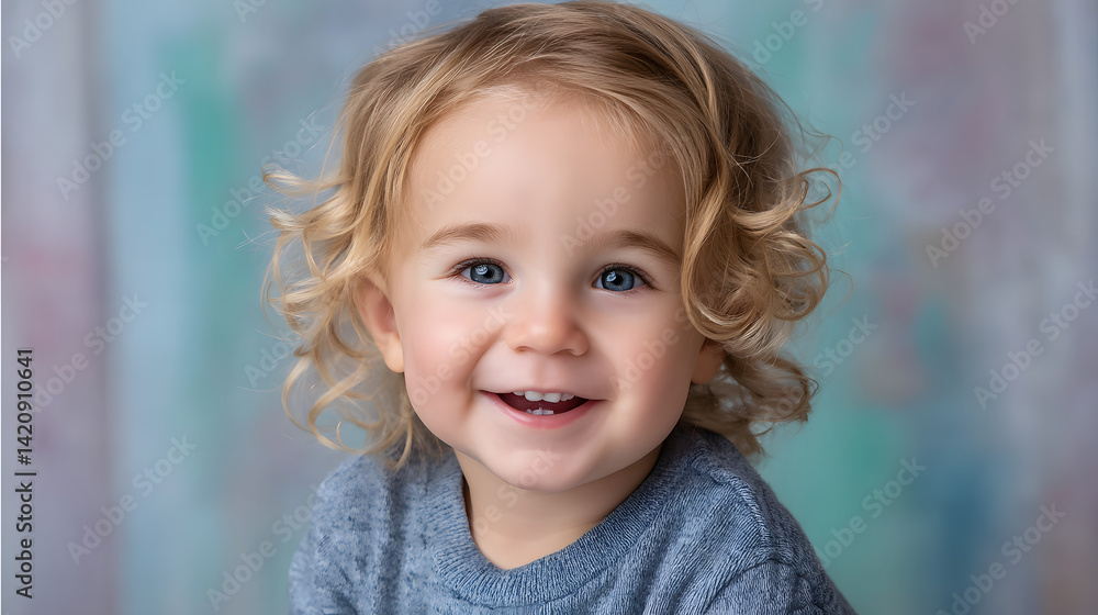 Smiling toddler boy, headshot with blurred pastel background Smiling toddler boy, headshot with blurred pastel background