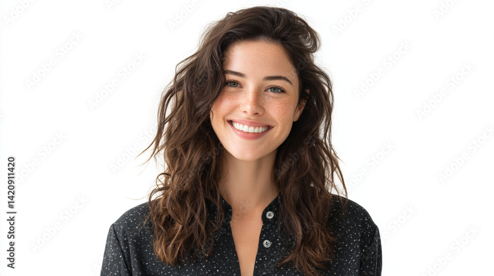 Beautiful woman smiling portrait with wavy brown hair and perfect teeth on white background for beauty ads Beautiful woman smiling portrait with wavy brown hair and perfect teeth on white background for beauty ads