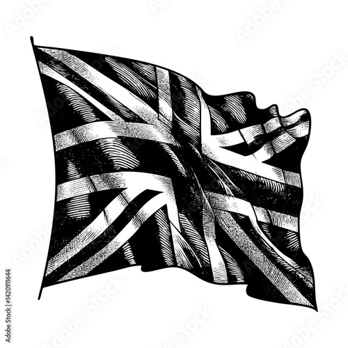 Union jack flag waving engraving sketch engraving black and white outline. Scratch board imitation.  illustrated in vintage line art style on a white background.