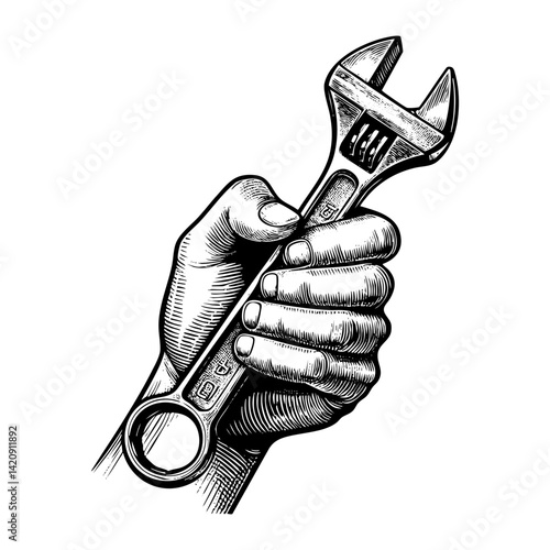 Hand holding wrench sketch engraving black and white outline. Scratch board imitation.