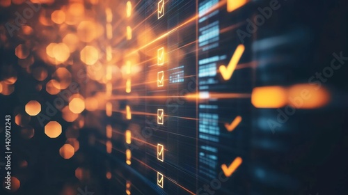 Abstract digital checklist interface with checkmarks and glowing bokeh lights, representing progress, completion, and data processing.