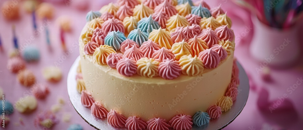 Simple yet elegant cake ready to be served at a birthday party or special celebration event Simple yet elegant cake ready to be served at a birthday party or special celebration event