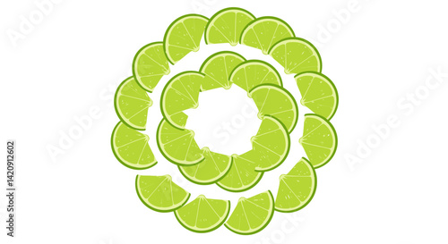 A circular arrangement of green lime slices a citrusy spiral on white