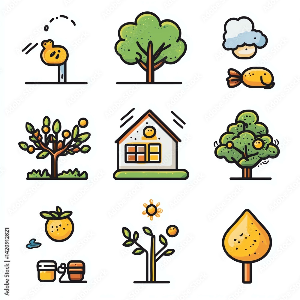 Fototapeta premium Colorful illustrations of plants and trees.