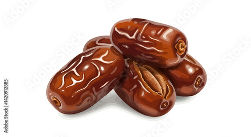 A pile of glistening brown dates rests on a white surface one opened to reveal its seed