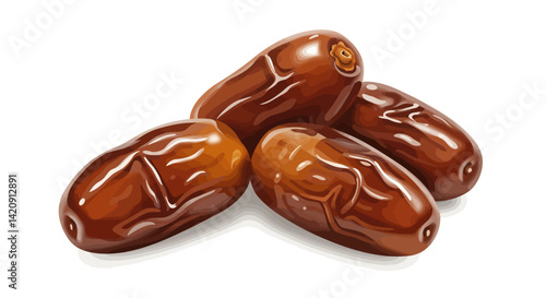 A pile of four glossy plump dates their rich brown skin reflecting light resting against a pure white backdrop