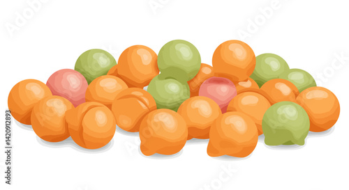 A pile of colorful round sweets possibly mochi or candies arranged on a white surface