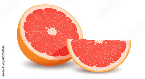 A sliced grapefruit with vibrant red segments and a citrusy outer rind