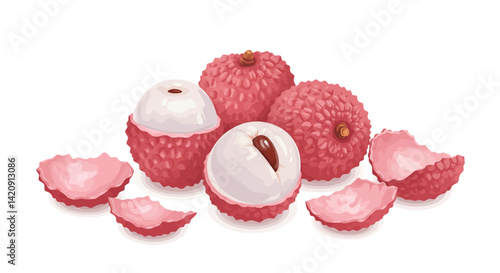 A stilllife of ripe lychees some halved or peeled showcasing their pink rinds and white flesh