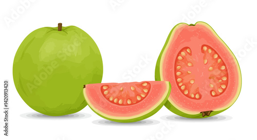 A whole guava next to a slice and a half showcasing their juicy pink interior and seeds