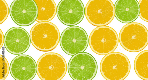 Citrus slices limes and oranges arranged in a repeating pattern on a white background