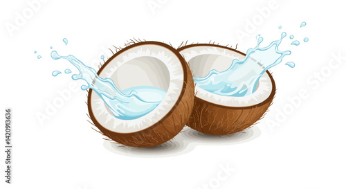 Halved coconuts water bursting out on a white background refreshing