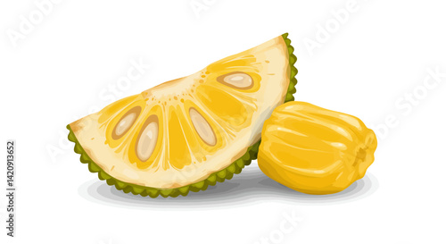 Juicy jackfruit wedge and pod on white showcasing vibrant colors and textures