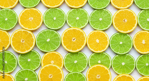 Sliced lemons and limes arranged in a grid pattern creating a fresh colorful citrus mosaic