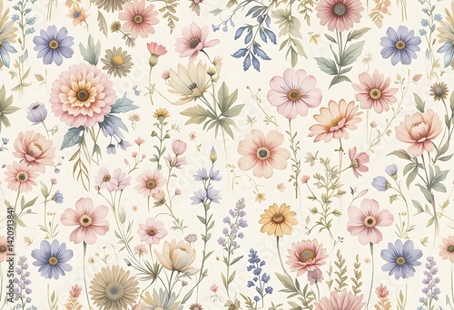 Pastel Floral Meadow: Delicate Watercolor Botanical Print