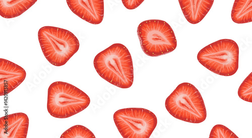 Sliced strawberries float against a white backdrop creating a refreshing fruity pattern