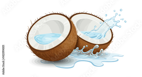 Two halved coconuts one spilling water resting on a watery splash