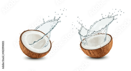 Two coconut halves erupt with refreshing water splashes against a pure white backdrop