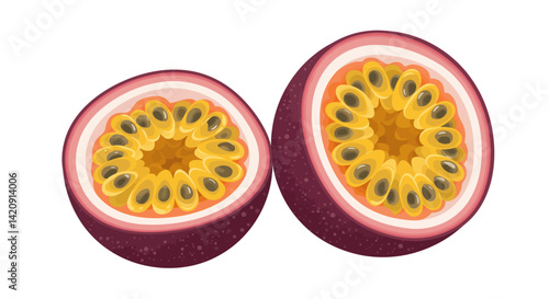 Two halved passion fruits reveal a vibrant yellow core of seeds isolated against white