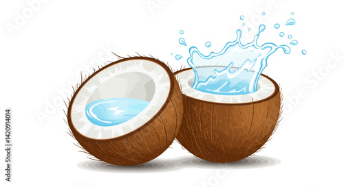 Two halved coconuts one splashing water on a white background